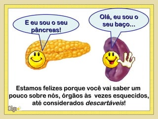 Olá, eu sou o
    E eu sou o seu           seu baço...
      pâncreas!




  Estamos felizes porque você vai saber um
pouco sobre nós, órgãos às vezes esquecidos,
       até considerados descartáveis!
 