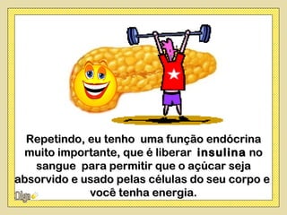 Repetindo, eu tenho uma função endócrina
 muito importante, que é liberar insulina no
   sangue para permitir que o açúcar seja
absorvido e usado pelas células do seu corpo e
             você tenha energia.
 