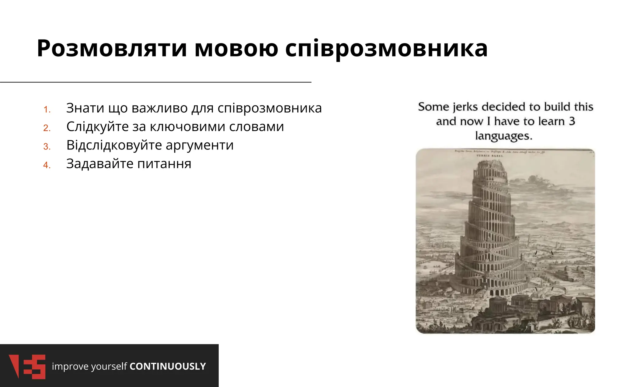 2/3/2025
improve yourself CONTINUOUSLY
2/3/2025
improve yourself CONTINUOUSLY
1. Знати що важливо для співрозмовника
2. Слідкуйте за ключовими словами
3. Відслідковуйте аргументи
4. Задавайте питання
Розмовляти мовою співрозмовника
 