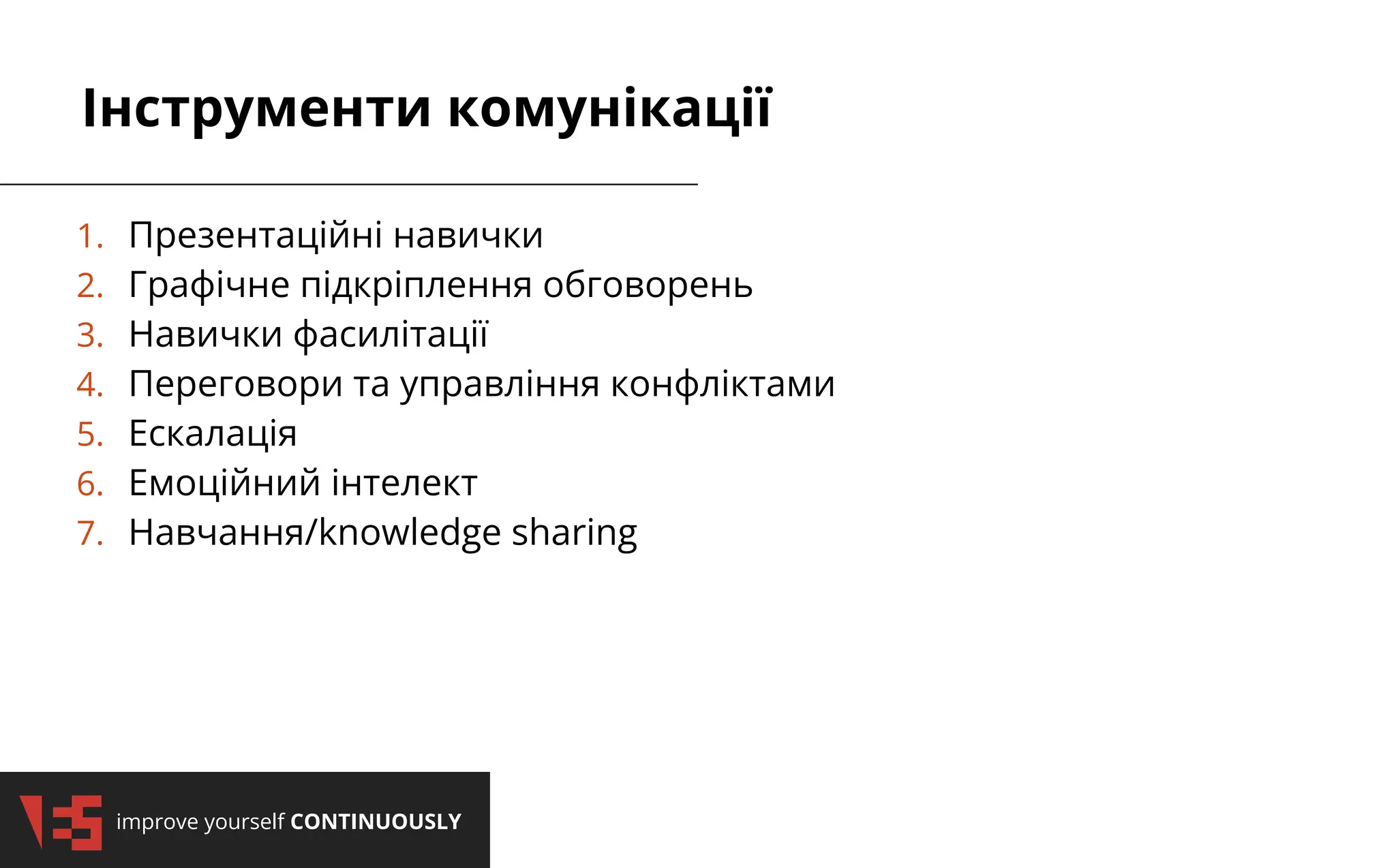 2/3/2025
improve yourself CONTINUOUSLY
2/3/2025
improve yourself CONTINUOUSLY
1. Презентаційні навички
2. Графічне підкріплення обговорень
3. Навички фасилітації
4. Переговори та управління конфліктами
5. Ескалація
6. Емоційний інтелект
7. Навчання/knowledge sharing
Інструменти комунікації
 