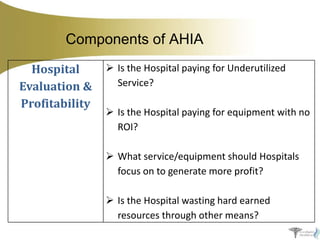 Components of AHIA
Hospital
Evaluation &
Profitability

 Is the Hospital paying for Underutilized
Service?
 Is the Hospital paying for equipment with no
ROI?
 What service/equipment should Hospitals
focus on to generate more profit?
 Is the Hospital wasting hard earned
resources through other means?

 