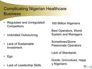 Complicating Nigerian Healthcare
Business
• Regulated and Unregulated
Competitors
• Unbridled Outsourcing
• Lack of Sustainable
Investment

160 Million Nigerians
Best Operators, Worst
System and Managers

Sometimes/Some
Passionate Operators
Lack of Standards

• Ego
• Lack of Leadership Skills

Docile, Uninvolved, Happ
y Nigerians

 