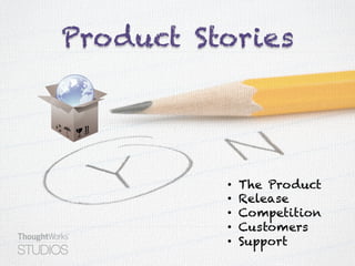 Product Stories
•  The Product
•  Release
•  Competition
•  Customers
•  Support
 