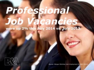 Source: Morgan McKinley Irish Employment Monitor (2014).
Professional
Job Vacancies
were up 2% this July 2014 vs. July 2013.
 