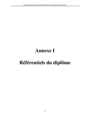 Baccalauréat professionnel Maintenance des équipements industriels




                  Annexe I

Référentiels du diplôme




                                -5-
 