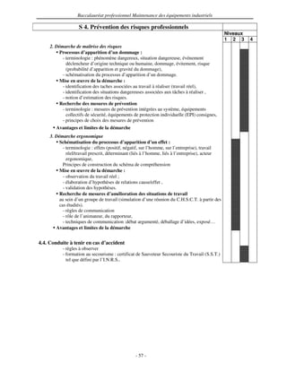 Baccalauréat professionnel Maintenance des équipements industriels

                    S 4. Prévention des risques professionnels
                                                                                                  Niveaux
                                                                                                  1 2 3     4
     2. Démarche de maîtrise des risques
        • Processus d’apparition d’un dommage :
           - terminologie : phénomène dangereux, situation dangereuse, événement
             déclencheur d’origine technique ou humaine, dommage, évitement, risque
             (probabilité d’apparition et gravité du dommage),
           - schématisation du processus d’apparition d’un dommage.
        • Mise en œuvre de la démarche :
           - identification des taches associées au travail à réaliser (travail réel),
           - identification des situations dangereuses associées aux tâches à réaliser ,
           - notion d’estimation des risques.
        • Recherche des mesures de prévention
           - terminologie : mesures de prévention intégrées au système, équipements
             collectifs de sécurité, équipements de protection individuelle (EPI) consignes,
           - principes de choix des mesures de prévention
      • Avantages et limites de la démarche
     3. Démarche ergonomique
         • Schématisation du processus d’apparition d’un effet :
             - terminologie : effets (positif, négatif, sur l’homme, sur l’entreprise), travail
               réel/travail prescrit, déterminant (liés à l’homme, liés à l’entreprise), acteur
               ergonomique,
             Principes de construction du schéma de compréhension
         • Mise en œuvre de la démarche :
             - observation du travail réel ;
             - élaboration d’hypothèses de relations cause/effet ,
             - validation des hypothèses.
         • Recherche de mesures d’amélioration des situations de travail
           au sein d’un groupe de travail (simulation d’une réunion du C.H.S.C.T. à partir des
           cas étudiés).
             - règles de communication
             - rôle de l’animateur, du rapporteur,
             - techniques de communication :débat argumenté, déballage d’idées, exposé…
       • Avantages et limites de la démarche

4.4. Conduite à tenir en cas d’accident
           - règles à observer
           - formation au secourisme : certificat de Sauveteur Secouriste du Travail (S.S.T.)
             tel que défini par l’I.N.R.S..




                                                  - 57 -
 