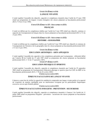 Baccalauréat professionnel Maintenance des équipements industriels


                                         UNITE U4 (ÉPREUVE E4)
                                          LANGUE VIVANTE
L’unité englobe l’ensemble des objectifs, capacités et compétences énumérés dans l’arrêté du 23 mars 1988
relatif aux programmes de langues vivantes étrangères des classes préparant au baccalauréat professionnel
(B.O. n0 18 du 12 mai 1988).
                            UNITE U51 (ÉPREUVE E5 – SOUS-EPREUVE E51)
                                           FRANÇAIS

L’unité est définie par les compétences établies par l’arrêté du 9 mai 1995 relatif aux objectifs, contenus et
capacités de l’enseignement du français dans les classes préparant au baccalauréat professionnel.(B.O. n°11 du
15 juin 1995).
                            UNITE U52 (ÉPREUVE E5 – SOUS-EPREUVE E52)
                                   HISTOIRE - GEOGRAPHIE

L’unité est définie par les compétences établies par l’arrêté du 9 mai 1995 relatif aux objectifs et contenus de
l’enseignement de l’histoire et de la géographie dans les classes préparant au baccalauréat professionnel (B.O.
n°11 du 15 juin 1995).
                                  UNITE U6 (ÉPREUVE E6)
                         EDUCATION ARTISTIQUE - ARTS APPLIQUES

L’unité englobe l’ensemble des capacités et des compétences présentées par le programme - référentiel défini
par l’annexe III de l’arrêté du 17 août 1987 relatif au programme des classes préparant au baccalauréat
professionnel (B.O. n° 32 du 17 septembre 1987).
                                    UNITE U7 (ÉPREUVE E7)
                              EDUCATION PHYSIQUE ET SPORTIVE

L’unité englobe l’ensemble des objectifs, capacités et compétences énumérés par l’arrêté du 25 septembre
2002 relatif au programme de l' enseignement d' éducation physique et sportive pour les CAP, les BEP et les
baccalauréats professionnels (B.O. n° 39 du 24 octobre 2002).
                                 UNITE FACULTATIVE UF1
                       ÉPREUVE FACULTATIVE DE LANGUE VIVANTE

L'épreuve a pour but de vérifier la capacité du candidat de comprendre une langue vivante parlée et la capacité
de s'exprimer de manière intelligible pour un interlocuteur n'   exigeant pas de particularités linguistiques
excessives sur un sujet d'
                         intérêt général.
                            UNITE FACULTATIVE UF2
          ÉPREUVE FACULTATIVE D'HYGIENE - PREVENTION - SECOURISME

L'unité englobe l' ensemble des objectifs, capacités et compétences énumérés à l'annexe I de l'arrêté du 11
juillet 2000 relatif au programme d'hygiène - prévention - secourisme des classes préparant au baccalauréat
professionnel.




                                                   - 78 -
 