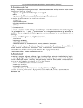 Baccalauréat professionnel Maintenance des équipements industriels
B - Compréhension de l'
                      oral
À partir d' support audio-oral ou audio-visuel, l'
           un                                        aptitude à comprendre le message auditif en langue vivante
étrangère sera évaluée par le biais de :
    - réponses à des questions factuelles simples sur ce support,
    - QCM,
    - reproduction des éléments essentiels d'information compris dans le document.
Le candidat devra faire la preuve des compétences suivantes :
   - anticipation ;
   - repérage/identification ;
   - association des éléments identifiés ;
   - inférence.
C - Production écrite
La capacité à s'
               exprimer par écrit en langue vivante étrangère sera évaluée par le biais d' production guidée
                                                                                         une
d' paragraphe de 10 à 15 lignes. Le message portera sur l'
  un                                                            expérience professionnelle ou personnelle du
candidat ou bien sur un aspect de civilisation (questions pouvant prendre appui sur un court document écrit ou
une image).
Le candidat devra faire la preuve des compétences suivantes :
   - mémorisation
   - mobilisation des acquis
   - aptitude à la reformulation
   - aptitude à combiner les éléments acquis en énoncés pertinents et intelligibles
- utilisation correcte et précise des éléments linguistiques contenus dans le programme de consolidation de
seconde : éléments grammaticaux : déterminants, temps, formes auxiliées, modalité, connecteurs…
Éléments lexicaux : Cf. liste contenue dans le référentiel BEP ou programme de BEP.
Construction de phrases simples, composées, complexes.
D - Production orale
La capacité à s'exprimer oralement en langue vivante étrangère de façon pertinente et intelligible sera évaluée.
Le support proposé par le formateur permettra d'     évaluer l'aptitude à dialoguer en langue vivante étrangère à
l' de constructions simples, composées, dans une situation simple de la vie courante. Ce dialogue pourra
 aide
porter sur des faits à caractère personnel, de société ou de civilisation.
Le candidat devra faire preuve des compétences suivantes :
   - mobilisation des acquis
   - aptitude à la reformulation
   - aptitude à combiner les éléments acquis en énoncés pertinents et intelligibles
Exigences lexicales et grammaticales : cf. programme de consolidation de seconde et référentiel BEP ou
programme BEP




                                                   - 92 -
 