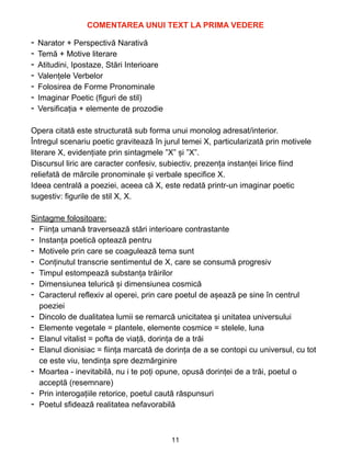 COMENTAREA UNUI TEXT LA PRIMA VEDERE


- Narator + Perspectivă Narativă


- Temă + Motive literare


- Atitudini, Ipostaze, Stări Interioare


- Valențele Verbelor


- Folosirea de Forme Pronominale


- Imaginar Poetic (figuri de stil)


- Versificația + elemente de prozodie


Opera citată este structurată sub forma unui monolog adresat/interior.


Întregul scenariu poetic gravitează în jurul temei X, particularizată prin motivele
literare X, evidențiate prin sintagmele ”X” și ”X”.


Discursul liric are caracter confesiv, subiectiv, prezența instanței lirice fiind
reliefată de mărcile pronominale și verbale specifice X.


Ideea centrală a poeziei, aceea că X, este redată printr-un imaginar poetic
sugestiv: figurile de stil X, X.


Sintagme folositoare:


- Ființa umană traversează stări interioare contrastante


- Instanța poetică optează pentru


- Motivele prin care se coagulează tema sunt


- Conținutul transcrie sentimentul de X, care se consumă progresiv


- Timpul estompează substanța trăirilor


- Dimensiunea telurică și dimensiunea cosmică


- Caracterul reflexiv al operei, prin care poetul de așează pe sine în centrul
poeziei


- Dincolo de dualitatea lumii se remarcă unicitatea și unitatea universului


- Elemente vegetale = plantele, elemente cosmice = stelele, luna


- Elanul vitalist = pofta de viață, dorința de a trăi


- Elanul dionisiac = ființa marcată de dorința de a se contopi cu universul, cu tot
ce este viu, tendința spre dezmărginire


- Moartea - inevitabilă, nu i te poți opune, opusă dorinței de a trăi, poetul o
acceptă (resemnare)


- Prin interogațiile retorice, poetul caută răspunsuri


- Poetul sfidează realitatea nefavorabilă


11
 