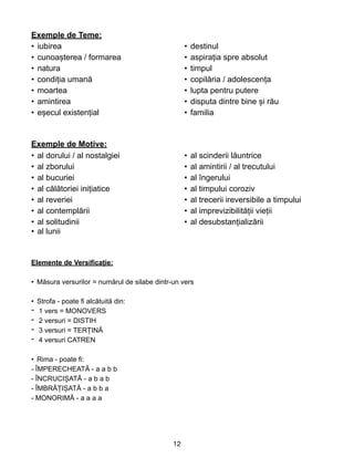 Exemple de Teme:
 
• iubirea


• cunoașterea / formarea


• natura


• condiția umană


• moartea


• amintirea


• eșecul existențial


• destinul


• aspirația spre absolut


• timpul


• copilăria / adolescența


• lupta pentru putere


• disputa dintre bine și rău


• familia


Exemple de Motive:
 
• al dorului / al nostalgiei


• al zborului


• al bucuriei


• al călătoriei inițiatice


• al reveriei


• al contemplării


• al solitudinii


• al scinderii lăuntrice


• al amintirii / al trecutului


• al îngerului


• al timpului coroziv


• al trecerii ireversibile a timpului


• al imprevizibilității vieții


• al desubstanțializării
 
• al lunii


Elemente de Versificație:


• Măsura versurilor = numărul de silabe dintr-un vers


• Strofa - poate fi alcătuită din:


- 1 vers = MONOVERS


- 2 versuri = DISTIH


- 3 versuri = TERȚINĂ


- 4 versuri CATREN


• Rima - poate fi:


- ÎMPERECHEATĂ - a a b b


- ÎNCRUCIȘATĂ - a b a b


- ÎMBRĂȚIȘATĂ - a b b a


- MONORIMĂ - a a a a
 
12
 