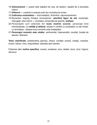 16.Vizionarismul — poetul este stăpânit de vise, de idealuri, capabil de a prevedea
viitorul


17.Orfismul — credința în puterea artei de a transforma lumea


18.Cultivarea contrastelor — fizic/metafizic, finit/infinit, rațiune/sentiment


19.Romanticii resping limbajul convențional, valorifică figuri de stil, exclamații,
interogații, stilul retoric — procedeu compozi
ţ
ional specific: antiteza


20.Personajele sunt selectate din toate mediile sociale, personaje bine
individualizate, cu calități și defecte, situate în conflict cu societatea, cu ele însele,
cu divinitatea - adesea eroul romantic este inadaptatul


21.Personajul romantic este visător, sentimental, hipersensibil, revoltat, însetat de
absolut, dilematic


Teme valorificate: problematica geniului, timpul, condiția umană, creația, moartea,
erosul, natura, visul, singurătatea, aspirația spre absolut


Folosirea altor motive specifice: reveria, evadarea, luna, stelele, lacul, visul, îngerul,
demonul


31
 