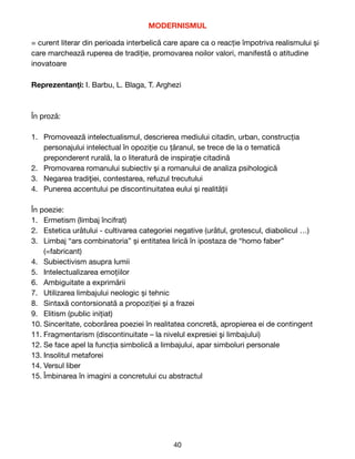 MODERNISMUL
= curent literar din perioada interbelică care apare ca o reacție împotriva realismului și
care marchează ruperea de tradiție, promovarea noilor valori, manifestă o atitudine
inovatoare

Reprezentanți: I. Barbu, L. Blaga, T. Arghezi

În proză:

1. Promoveaz
ă
intelectualismul, descrierea mediului citadin, urban, construc
ț
ia
personajului intelectual
î
n opozi
ț
ie cu
ț
ă
ranul, se trece de la o tematică
preponderent rurală, la o literatură de inspirație citadină

2. Promovarea romanului subiectiv
ș
i a romanului de analiza psihologic
ă


3. Negarea tradi
ţ
iei, contestarea, refuzul trecutului

4. Punerea accentului pe discontinuitatea eului
ș
i realit
ă
ț
ii

În poezie:

1. Ermetism (limbaj
î
ncifrat)

2. Estetica urâtului - cultivarea categoriei negative (urâtul, grotescul, diabolicul …)

3. Limbaj “ars combinatoria” și entitatea lirică în ipostaza de “homo faber”
(=fabricant)

4. Subiectivism asupra lumii

5. Intelectualizarea emoțiilor

6. Ambiguitate a exprim
ă
rii

7. Utilizarea limbajului neologic
ș
i tehnic

8. Sintax
ă
contorsionat
ă
a propozi
ț
iei
ș
i a frazei

9. Elitism (public ini
ț
iat)

10. Sinceritate, cobor
â
rea poeziei
î
n realitatea concret
ă
, apropierea ei de contingent

11. Fragmentarism (discontinuitate – la nivelul expresiei
ş
i limbajului)

12. Se face apel la func
ț
ia simbolic
ă
a limbajului, apar simboluri personale

13. Insolitul metaforei

14. Versul liber

15. Îmbinarea
î
n imagini a concretului cu abstractul 
40
 