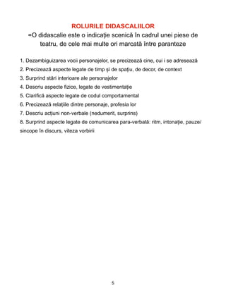 ROLURILE DIDASCALIILOR


=O didascalie este o indicație scenică în cadrul unei piese de
teatru, de cele mai multe ori marcată între paranteze


1. Dezambiguizarea vocii personajelor, se precizează cine, cui i se adresează


2. Precizează aspecte legate de timp și de spațiu, de decor, de context


3. Surprind stări interioare ale personajelor


4. Descriu aspecte fizice, legate de vestimentație


5. Clarifică aspecte legate de codul comportamental


6. Precizează relațiile dintre personaje, profesia lor


7. Descriu acțiuni non-verbale (nedumerit, surprins)


8. Surprind aspecte legate de comunicarea para-verbală: ritm, intonație, pauze/
sincope în discurs, viteza vorbirii
 
5
 