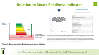 36
Relation to Smart Readiness Indicator
Andrei Vladimir Lițiu, Project Consultant – BACS requirements in the revised EPBD...