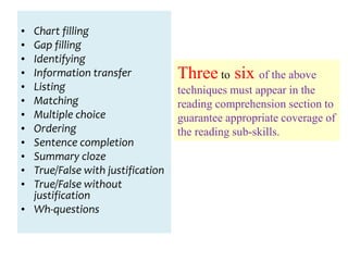 Three to six of the above
techniques must appear in the
reading comprehension section to
guarantee appropriate coverage of
the reading sub-skills.
• Chart filling
• Gap filling
• Identifying
• Information transfer
• Listing
• Matching
• Multiple choice
• Ordering
• Sentence completion
• Summary cloze
• True/False with justification
• True/False without
justification
• Wh-questions
 