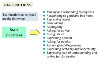 The functions to be tested
are the following:
Social
Functions
Making and responding to requests
Responding to good and bad news
Expressing regret
Complaining
Apologising
Asking for advice
Giving advice
Expressing opinion
Asking for opinion
Agreeing and disagreeing
Expressing certainty and uncertainty
Expressing lack of understanding and
asking for clarification
4.2.4 FUNCTIONS
 