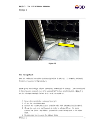 BACTEC™ FX40 SYSTEM SERVICE TRAINING
MODULE C
 
 
MODULE C 13
Figure 10
Vial Storage Rack
BACTEC FX40 uses the same Vial Storage Rack as BACTEC FX, and thus it follows
the same replacement procedure.
Each spare Vial Storage Rack is calibrated and tested in factory. Calibration data
is stored locally on each rack and uploading this data is not required. Note: It is
still necessary to notify software when a rack is replaced.
1. Ensure the rack to be replaced is empty.
2. Open the instrument door.
3. Loosen the two thumb screws on both sides with a flat head screwdriver.
4. Grasp the rack and pull forward, in order to release it from the back
connector. Extra care should be taken to avoid hitting vials in the other
rack.
5. Reassemble by reversing the above steps.
 