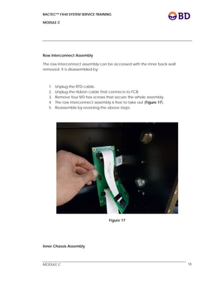 BACTEC™ FX40 SYSTEM SERVICE TRAINING
MODULE C
 
 
MODULE C 18
Row Interconnect Assembly
The row interconnect assembly can be accessed with the inner back wall
removed. It is disassembled by:
1. Unplug the RTD cable.
2. Unplug the ribbon cable that connects to FCB.
3. Remove four M3 hex screws that secure the whole assembly.
4. The row interconnect assembly is free to take out (Figure 17).
5. Reassemble by reversing the above steps.
Figure 17
Inner Chassis Assembly
 
