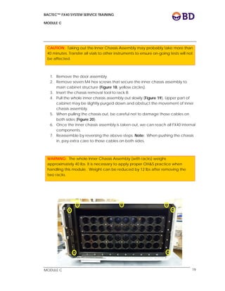 BACTEC™ FX40 SYSTEM SERVICE TRAINING
MODULE C
 
 
MODULE C 19
CAUTION: Taking out the Inner Chassis Assembly may probably take more than
40 minutes. Transfer all vials to other instruments to ensure on-going tests will not
be affected.
1. Remove the door assembly.
2. Remove seven M4 hex screws that secure the inner chassis assembly to
main cabinet structure (Figure 18, yellow circles).
3. Insert the chassis removal tool to rack B.
4. Pull the whole inner chassis assembly out slowly (Figure 19). Upper part of
cabinet may be slightly purged down and obstruct the movement of inner
chassis assembly.
5. When pulling the chassis out, be careful not to damage those cables on
both sides (Figure 20).
6. Once the inner chassis assembly is taken out, we can reach all FX40 internal
components.
7. Reassemble by reversing the above steps. Note: When pushing the chassis
in, pay extra care to those cables on both sides.
WARNING: The whole Inner Chassis Assembly (with racks) weighs
approximately 40 lbs. It is necessary to apply proper OH&S practice when
handling this module. Weight can be reduced by 12 lbs after removing the
two racks.
 