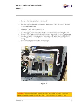 BACTEC™ FX40 SYSTEM SERVICE TRAINING
MODULE C
 
 
MODULE C 31
1. Remove the two racks from instrument.
2. Remove the left side sample drawer driveplates. Each of them is secured
by two M4 hex screws.
3. Unplug J11, J18 and J20 from FCB.
4. Cut the appropriate cable ties that secure those cables routing to FCB.
5. Remove four M6 hex screws that secure the Agitation Assembly (Figure 29).
6. Carefully pull the whole Agitation Assembly out. Note: This component is
heavy.
7. Reassemble by reversing the above steps.
Figure 29
WARNING: Agitation Motor is assembled and aligned in factory. It requires
dedicated service tools for this process. Do not attempt to take out the
 