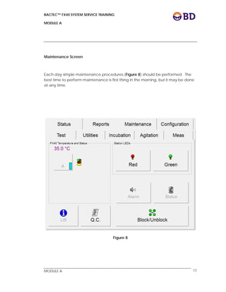 BACTEC™ FX40 SYSTEM SERVICE TRAINING
MODULE A
 
 
MODULE A 17
Maintenance Screen
Each day simple maintenance procedures (Figure 8) should be performed. The
best time to perform maintenance is first thing in the morning, but it may be done
at any time.
Figure 8
 