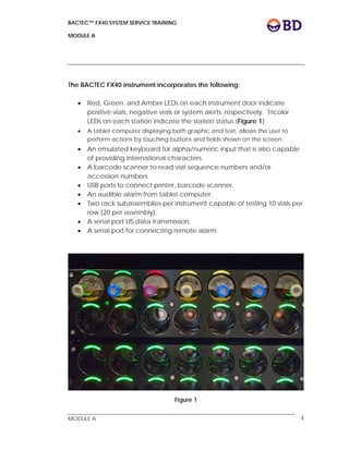 BACTEC™ FX40 SYSTEM SERVICE TRAINING
MODULE A
 
 
MODULE A 4
The BACTEC FX40 instrument incorporates the following:
 Red, Green, and Amber LEDs on each instrument door indicate
positive vials, negative vials or system alerts, respectively. Tricolor
LEDs on each station indicate the station status (Figure 1).
 A tablet computer displaying both graphic and text, allows the user to
perform actions by touching buttons and fields shown on the screen.
 An emulated keyboard for alpha/numeric input that is also capable
of providing international characters.
 A barcode scanner to read vial sequence numbers and/or
accession numbers.
 USB ports to connect printer, barcode scanner.
 An audible alarm from tablet computer.
 Two rack subassemblies per instrument capable of testing 10 vials per
row (20 per assembly).
 A serial port LIS data transmission.
 A serial port for connecting remote alarm.
Figure 1
 
