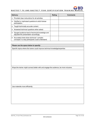 B A C T E C ™ F X A N D B A C T E C ™ F X 4 0 C E R T I F I C A T I O N T R A I N I N G M A N U A L
BACTEC_ FX and FX40_Certification.doc Page 121 of 129
BD Confidential
Delivery: Rating Comments
• Provided clear instructions for all activities.
• Clarified or rephrased questions to elicit trainee
participation.
• Taught technically accurate content.
• Answered technical questions when asked.
• Gauged audience level of technical knowledge and
adjusted the presentation accordingly.
• Accurately broke down technical / complex
concepts in a way participants could understand.
Please use the space below to specify:
Specific topics where the trainer could improve technical knowledge/expertise:
Ways the trainer might connect better with and engage the audience; be more inclusive:
Use materials more efficiently:
 