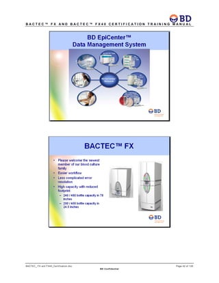 B A C T E C ™ F X A N D B A C T E C ™ F X 4 0 C E R T I F I C A T I O N T R A I N I N G M A N U A L
BACTEC_ FX and FX40_Certification.doc Page 42 of 129
BD Confidential
 