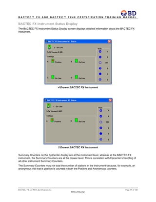 B A C T E C ™ F X A N D B A C T E C ™ F X 4 0 C E R T I F I C A T I O N T R A I N I N G M A N U A L
BACTEC_ FX and FX40_Certification.doc Page 77 of 129
BD Confidential
BACTEC FX Instrument Status Display
The BACTEC FX Instrument Status Display screen displays detailed information about the BACTEC FX
instrument.
4 Drawer BACTEC FX Instrument
2 Drawer BACTEC FX Instrument
Summary Counters on the EpiCenter display are at the instrument level, whereas at the BACTEC FX
instrument, the Summary Counters are at the drawer level. This is consistent with Epicenter’s handling of
all other instrument Summary Counters.
The Summary Counters may not total the number of stations in the instrument because, for example, an
anonymous vial that is positive is counted in both the Positive and Anonymous counters.
 