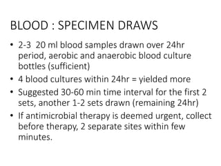 BLOOD : SPECIMEN DRAWS
• 2-3 20 ml blood samples drawn over 24hr
period, aerobic and anaerobic blood culture
bottles (sufficient)
• 4 blood cultures within 24hr = yielded more
• Suggested 30-60 min time interval for the first 2
sets, another 1-2 sets drawn (remaining 24hr)
• If antimicrobial therapy is deemed urgent, collect
before therapy, 2 separate sites within few
minutes.
 