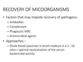 RECOVERY OF MICOORGANISMS
• Factors that may impede recovery of pathogens:
– Antibodies
– Complement
– Phagocytic WBC
– Antimicrobial agents
• Approaches :
– Dilute blood specimen in broth medium in a 1 : 10
ratio = optimal neutralization of the serum
bactericidal activity.
 