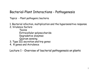 1
Bacterial-Plant Interactions - Pathogenesis
Topics - Plant pathogenic bacteria
1. Bacterial infection, multiplication and the hypersensitive response
2. Virulence factors
Toxins
Extracellular polysaccharide
Degradative enzymes
Quorum sensing
3. Type III secretion and hrp genes
4. R genes and Avirulence
Lecture 1 - Overview of bacterial pathogenesis on plants
 