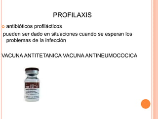 PROFILAXIS
 antibióticos profilácticos
pueden ser dado en situaciones cuando se esperan los
problemas de la infección
VACUNA ANTITETANICA VACUNA ANTINEUMOCOCICA
 