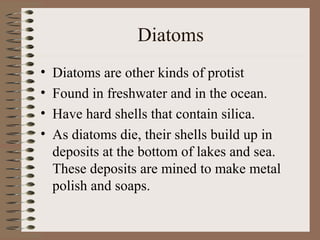 Diatoms
•   Diatoms are other kinds of protist
•   Found in freshwater and in the ocean.
•   Have hard shells that contain silica.
•   As diatoms die, their shells build up in
    deposits at the bottom of lakes and sea.
    These deposits are mined to make metal
    polish and soaps.
 