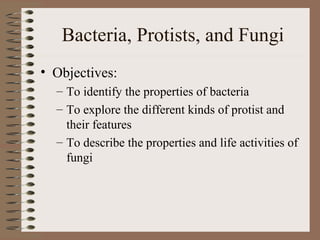 Bacteria, Protists, and Fungi
• Objectives:
  – To identify the properties of bacteria
  – To explore the different kinds of protist and
    their features
  – To describe the properties and life activities of
    fungi
 