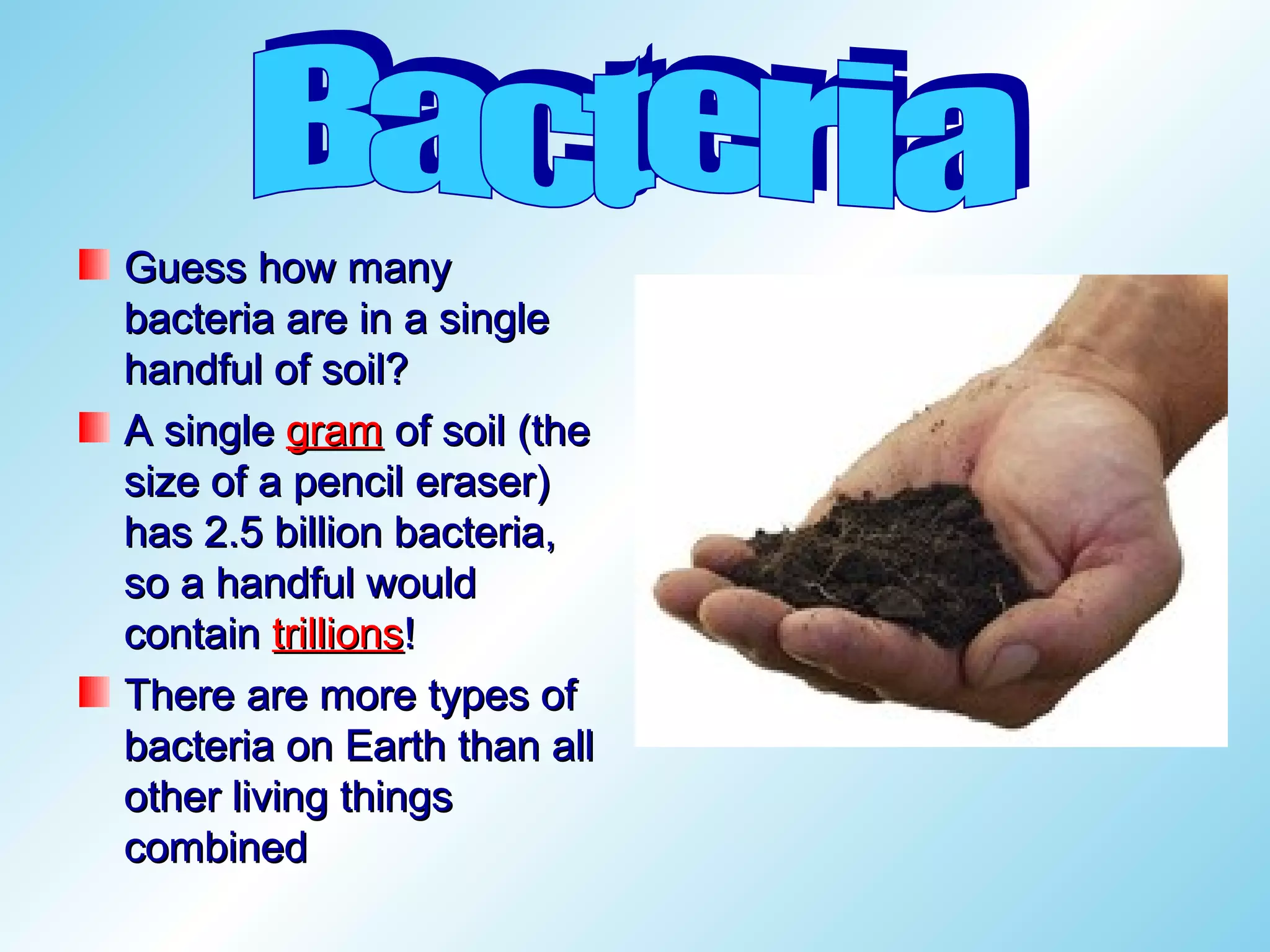 Guess how many
bacteria are in a single
handful of soil?
A single gram of soil (the
size of a pencil eraser)
has 2.5 billion bacteria,
so a handful would
contain trillions!
There are more types of
bacteria on Earth than all
other living things
combined
 