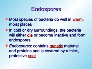 Endospores
Most species of bacteria do well in warm,
moist places
In cold or dry surroundings, the bacteria
will either die or become inactive and form
endospores
Endospores: contains genetic material
and proteins and is covered by a thick,
protective coat
 