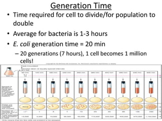 Generation Time
• Time required for cell to divide/for population to
double
• Average for bacteria is 1-3 hours
• E. coli generation time = 20 min
– 20 generations (7 hours), 1 cell becomes 1 million
cells!
 