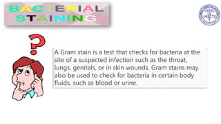 A Gram stain is a test that checks for bacteria at the
site of a suspected infection such as the throat,
lungs, genitals, or in skin wounds. Gram stains may
also be used to check for bacteria in certain body
fluids, such as blood or urine.
 