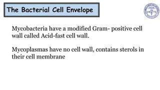 Mycobacteria have a modified Gram- positive cell
wall called Acid-fast cell wall.
Mycoplasmas have no cell wall, contains sterols in
their cell membrane
 