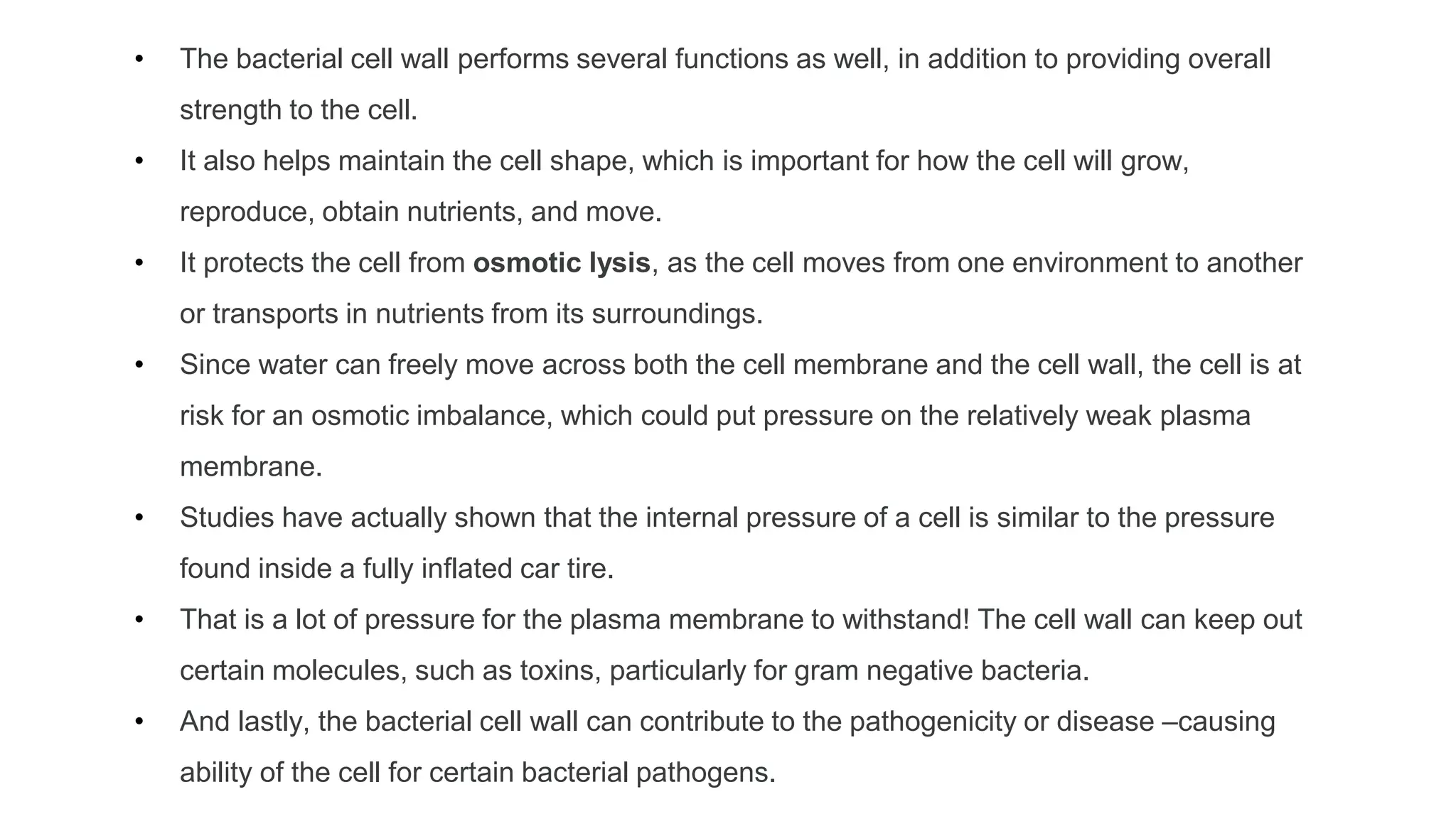 • The bacterial cell wall performs several functions as well, in addition to providing overall
strength to the cell.
• It also helps maintain the cell shape, which is important for how the cell will grow,
reproduce, obtain nutrients, and move.
• It protects the cell from osmotic lysis, as the cell moves from one environment to another
or transports in nutrients from its surroundings.
• Since water can freely move across both the cell membrane and the cell wall, the cell is at
risk for an osmotic imbalance, which could put pressure on the relatively weak plasma
membrane.
• Studies have actually shown that the internal pressure of a cell is similar to the pressure
found inside a fully inflated car tire.
• That is a lot of pressure for the plasma membrane to withstand! The cell wall can keep out
certain molecules, such as toxins, particularly for gram negative bacteria.
• And lastly, the bacterial cell wall can contribute to the pathogenicity or disease –causing
ability of the cell for certain bacterial pathogens.
 