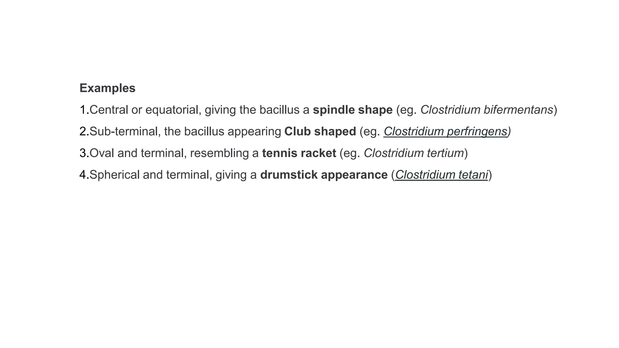 Examples
1.Central or equatorial, giving the bacillus a spindle shape (eg. Clostridium bifermentans)
2.Sub-terminal, the bacillus appearing Club shaped (eg. Clostridium perfringens)
3.Oval and terminal, resembling a tennis racket (eg. Clostridium tertium)
4.Spherical and terminal, giving a drumstick appearance (Clostridium tetani)
 