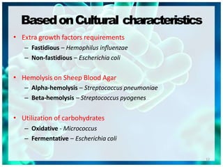 BasedonCultural characteristics
12
• Extra growth factors requirements
– Fastidious – Hemophilus influenzae
– Non-fastidious – Escherichia coli
• Hemolysis on Sheep Blood Agar
– Alpha-hemolysis – Streptococcus pneumoniae
– Beta-hemolysis – Streptococcus pyogenes
• Utilization of carbohydrates
– Oxidative - Micrococcus
– Fermentative – Escherichia coli
 