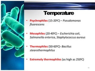 Temperature
• Psychrophiles (15-200C) – Pseudomonas
fluorescens
• Mesophiles (20-400C) – Escherichia coli,
Salmonella enterica, Staphylococcus aureus
• Thermophiles (50-600C)- Bacillus
stearothermophilus
• Extremely thermophiles (as high as 2500C)
16
 