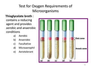 15
Test for Oxygen Requirements of
Microorganisms
Thioglycolate broth :
contains a reducing
agent and provides
aerobic and anaerobic
conditions
a) Aerobic
b) Anaerobic
c) Facultative
d) Microaerophil
e) Aerotolerant
 