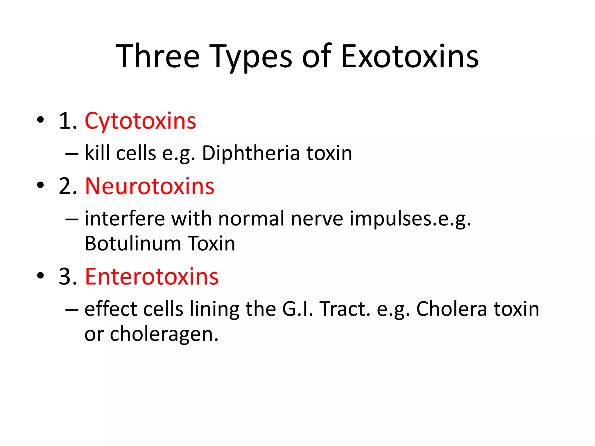 Three Types of Exotoxins
• 1. Cytotoxins
– kill cells e.g. Diphtheria toxin
• 2. Neurotoxins
– interfere with normal nerve impulses.e.g.
Botulinum Toxin
• 3. Enterotoxins
– effect cells lining the G.I. Tract. e.g. Cholera toxin
or choleragen.
 