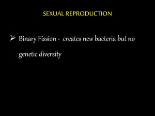 SEXUAL REPRODUCTION
 Binary Fission - creates new bacteria but no
genetic diversity
 