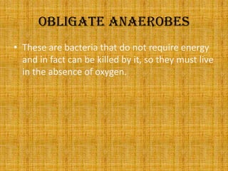 Obligate anaerobesThese are bacteria that do not require energy and in fact can be killed by it, so they must live in the absence of oxygen.