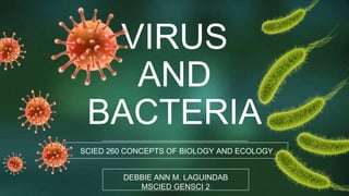 VIRUS
AND
BACTERIA
SCIED 260 CONCEPTS OF BIOLOGY AND ECOLOGY
DEBBIE ANN M. LAGUINDAB
MSCIED GENSCI 2
 
