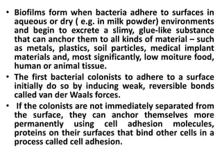 • Biofilms form when bacteria adhere to surfaces in
  aqueous or dry ( e.g. in milk powder) environments
  and begin to excrete a slimy, glue-like substance
  that can anchor them to all kinds of material – such
  as metals, plastics, soil particles, medical implant
  materials and, most significantly, low moiture food,
  human or animal tissue.
• The first bacterial colonists to adhere to a surface
  initially do so by inducing weak, reversible bonds
  called van der Waals forces.
• If the colonists are not immediately separated from
  the surface, they can anchor themselves more
  permanently using cell adhesion molecules,
  proteins on their surfaces that bind other cells in a
  process called cell adhesion.
 
